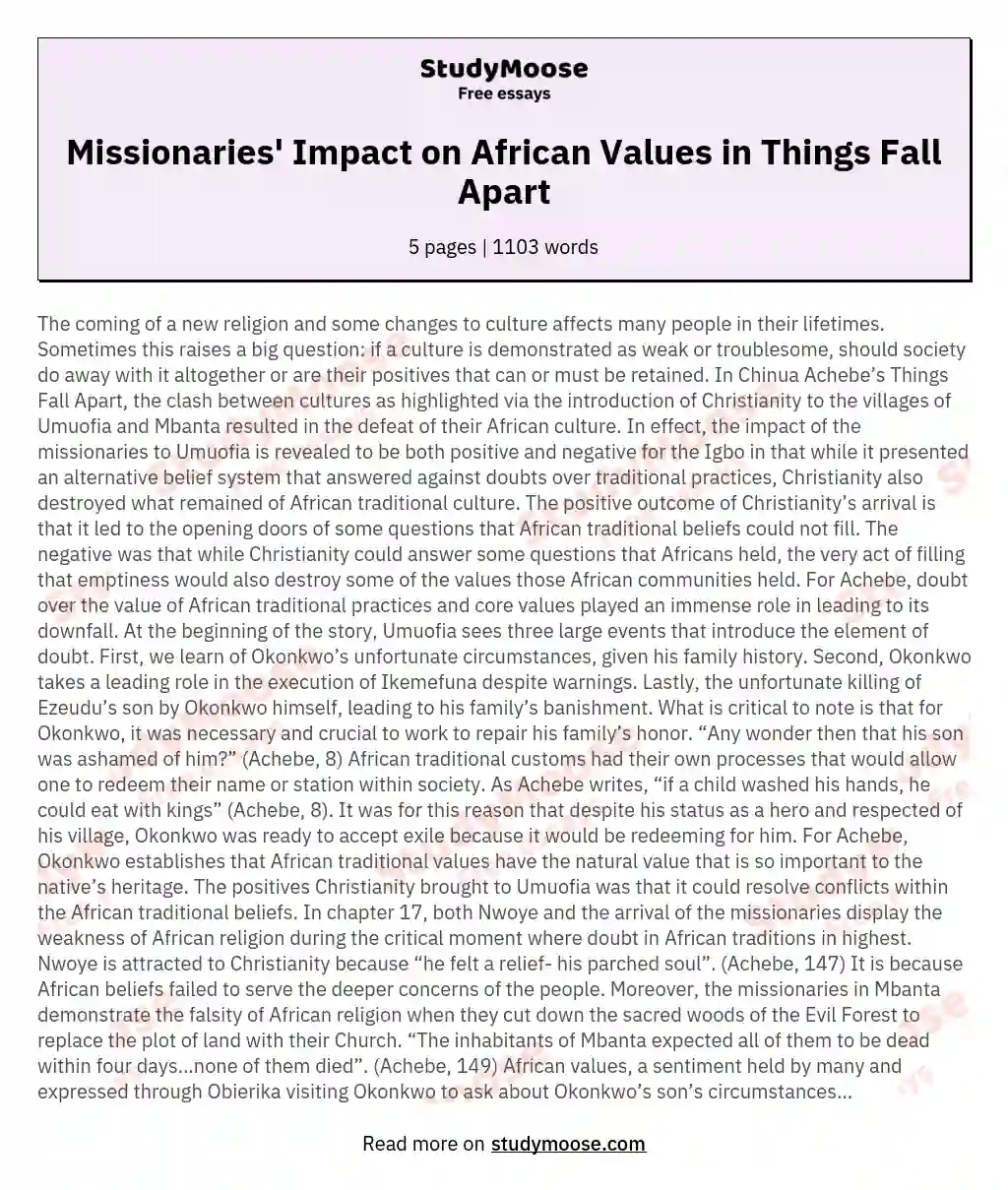 Missionaries' Impact on African Values in Things Fall Apart essay