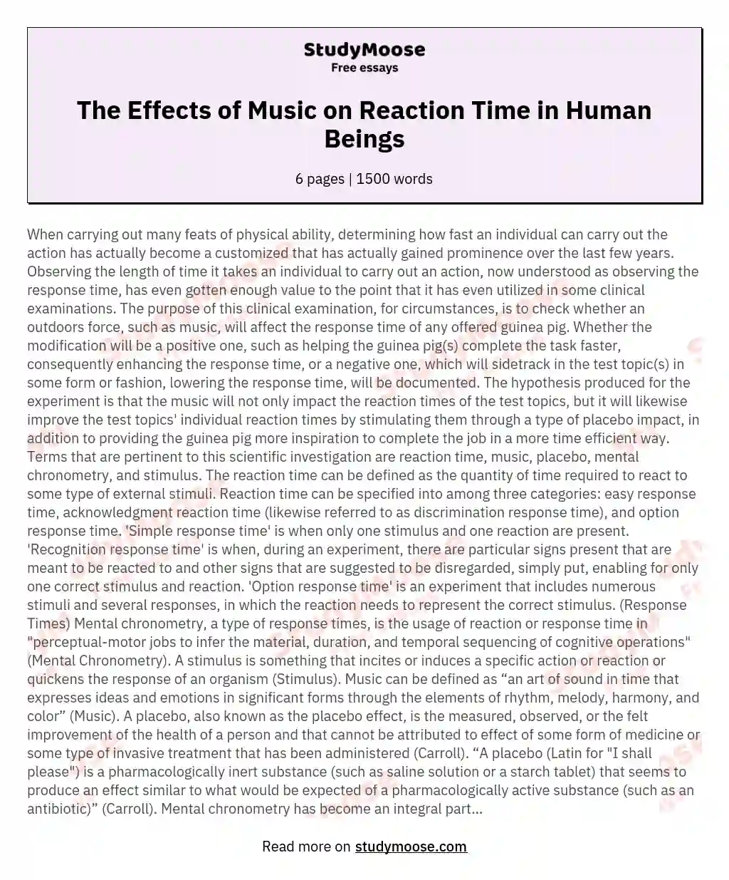 The Effects of Music on Reaction Time in Human Beings essay