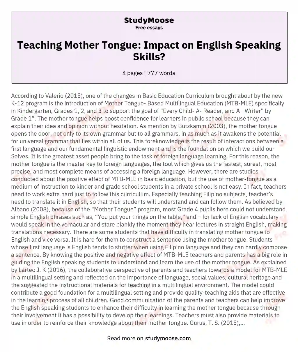 The Effects of Teaching the Mother Tongue to the English Speaking Skills of Learners