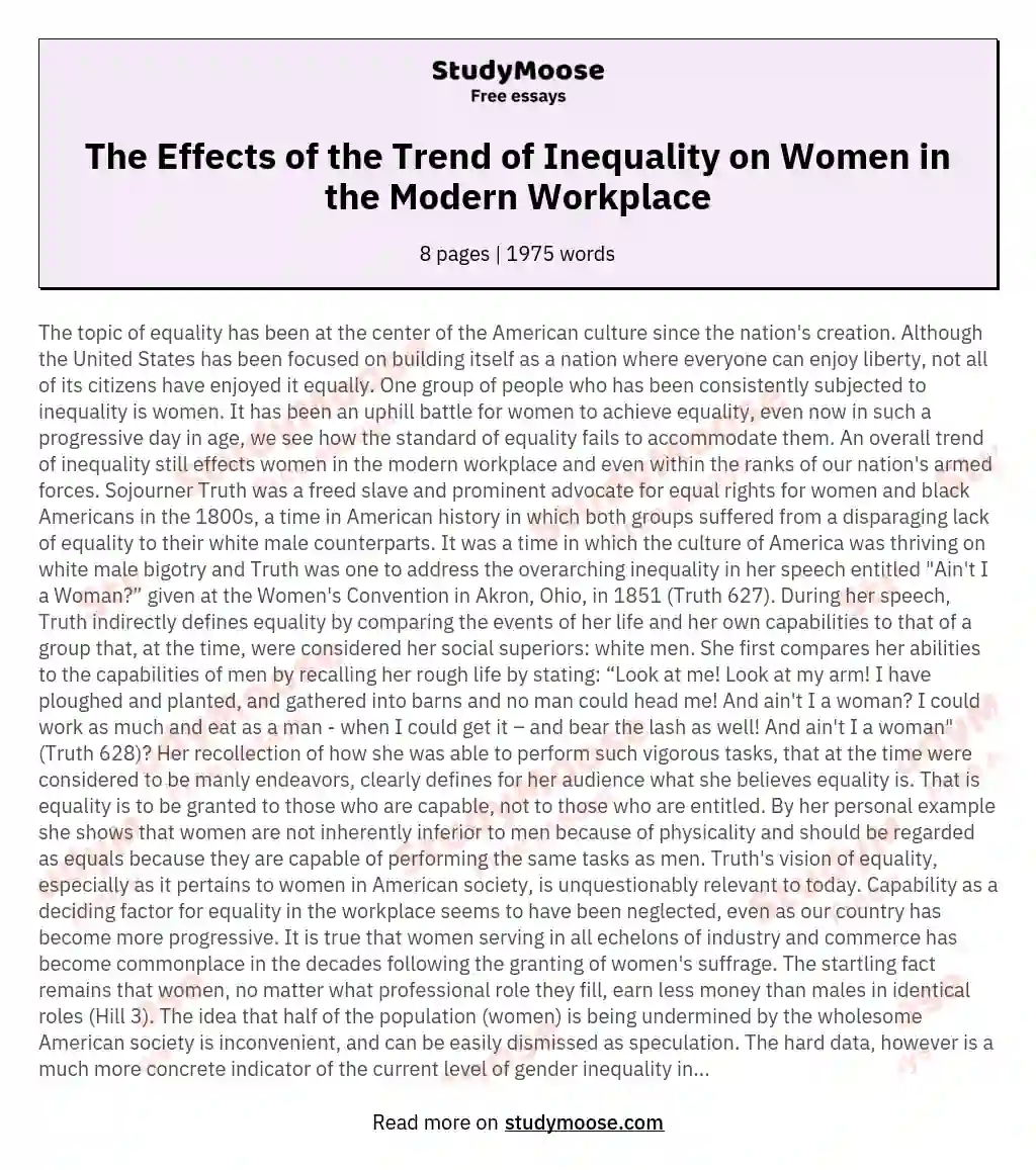 The Effects of the Trend of Inequality on Women in the Modern Workplace essay