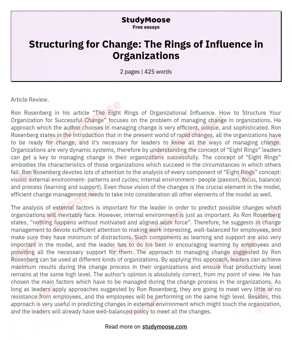 “The Eight Rings of Organizational Influence. How to Structure Your Organization for Successful Change”