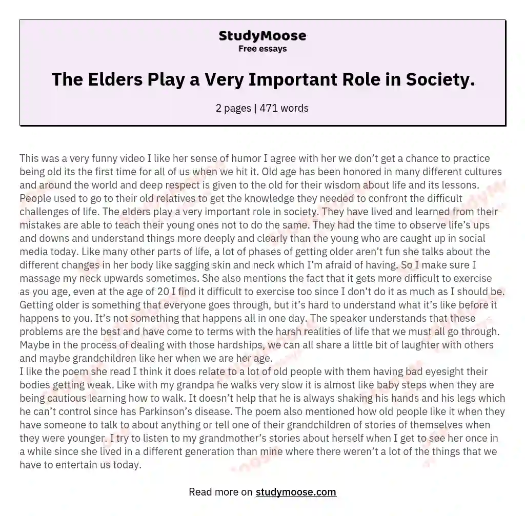The Elders Play a Very Important Role in Society. essay