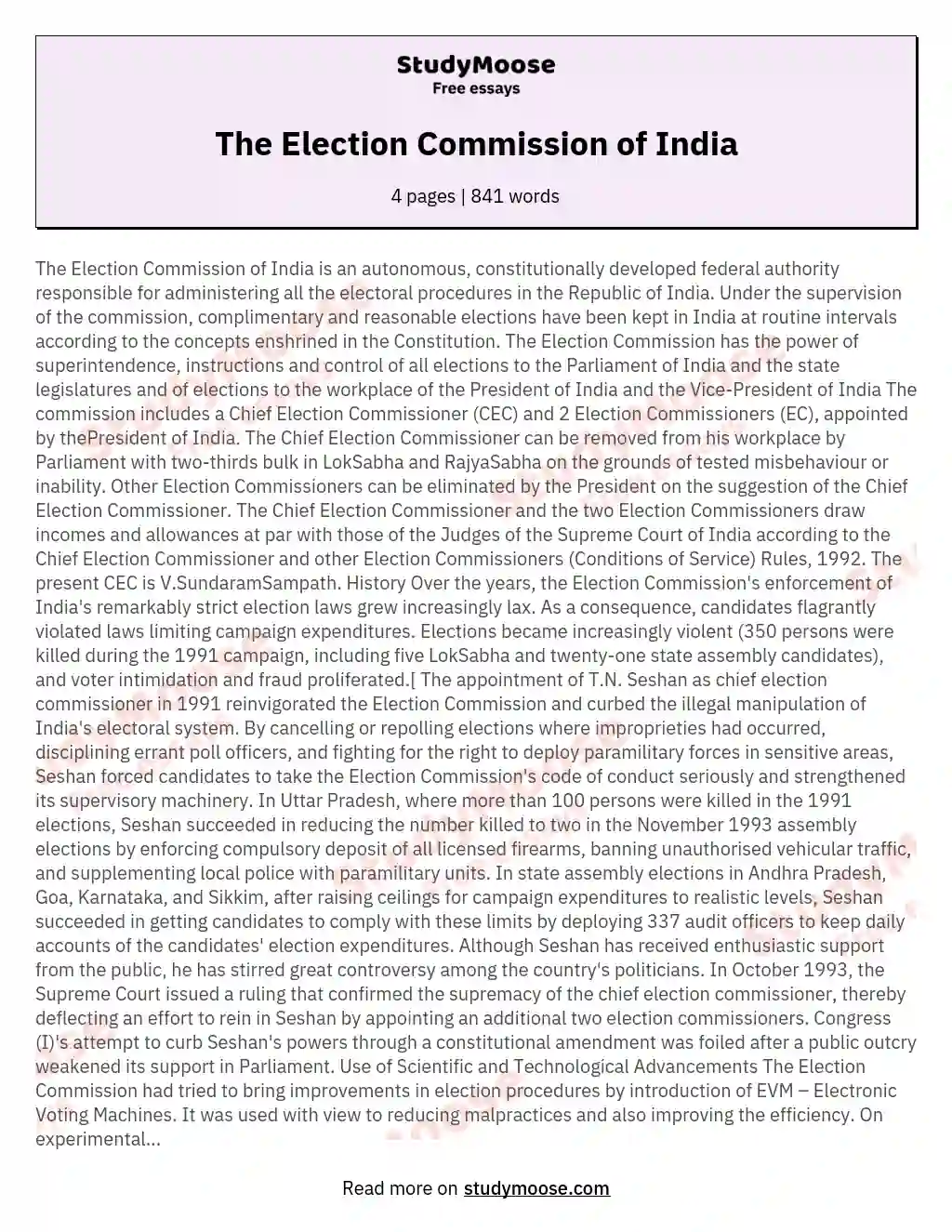 The Election Commission of India essay
