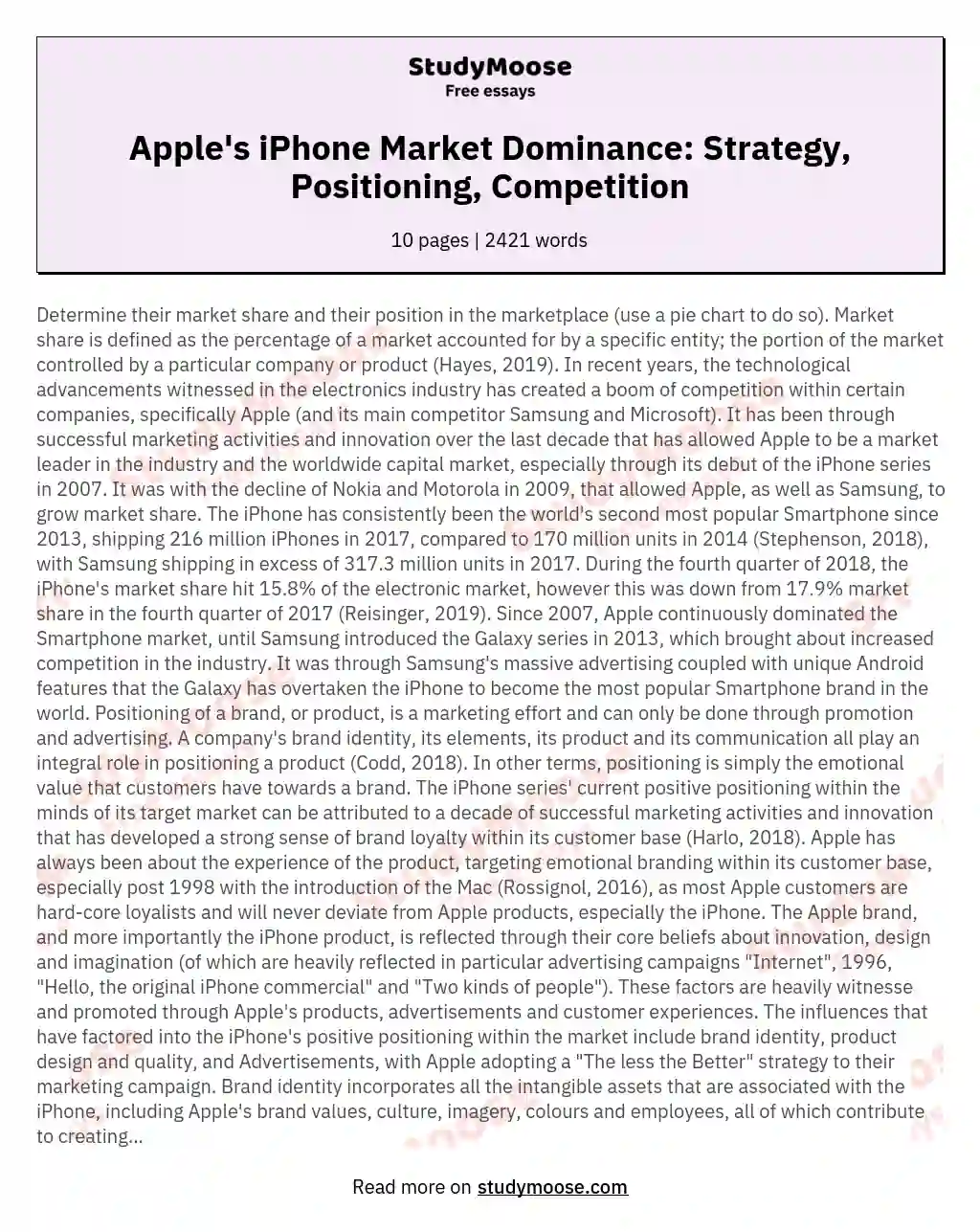 Apple's iPhone Market Dominance: Strategy, Positioning, Competition essay