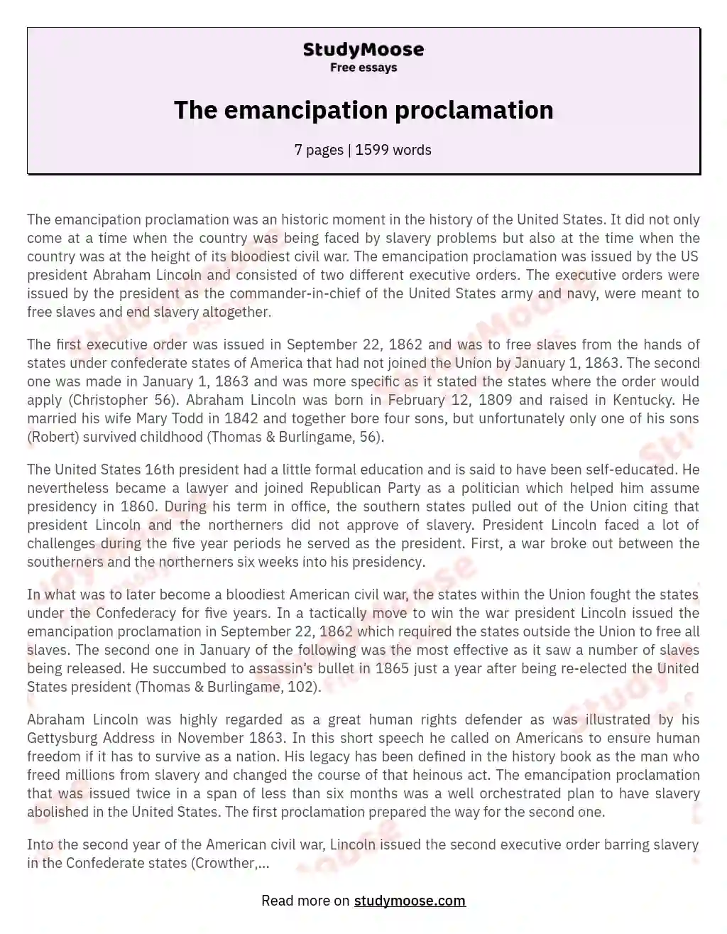 emancipation proclamation student essay