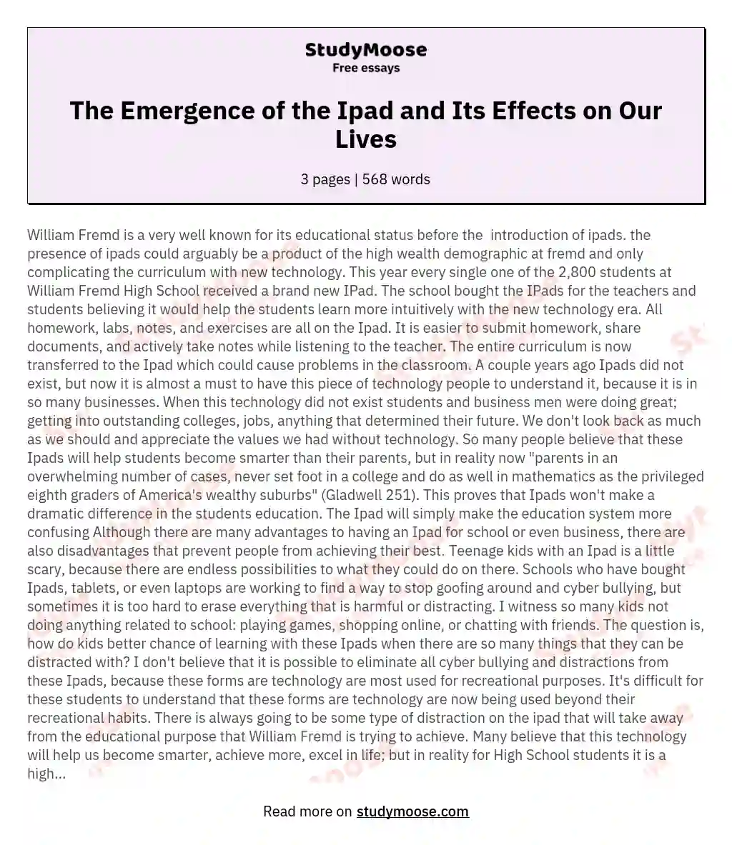 The Emergence of the Ipad and Its Effects on Our Lives essay