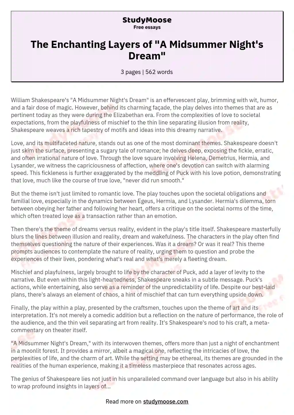 The Enchanting Layers of "A Midsummer Night's Dream" essay