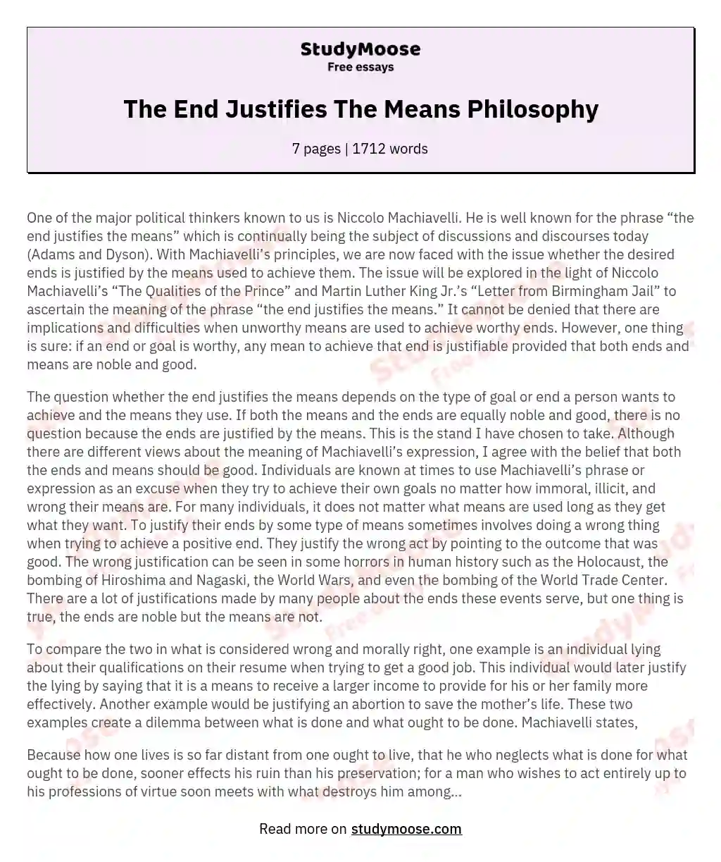 The End Justifies The Means Philosophy essay