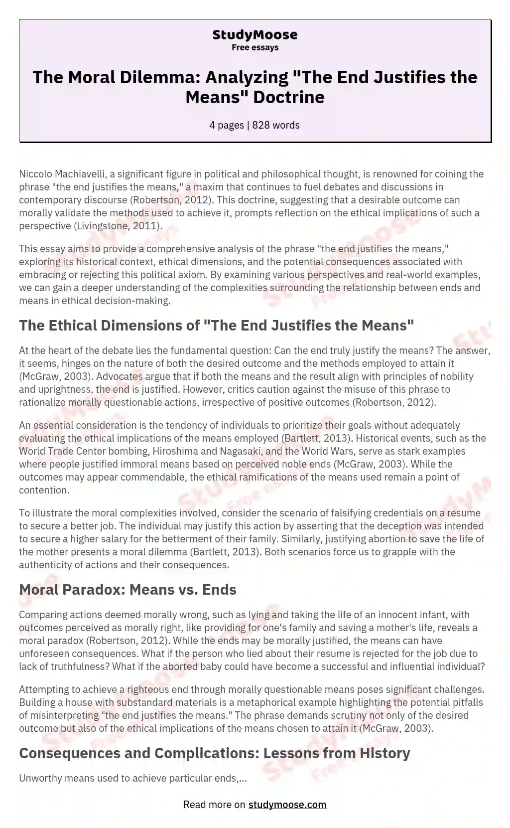 The Moral Dilemma: Analyzing "The End Justifies the Means" Doctrine essay