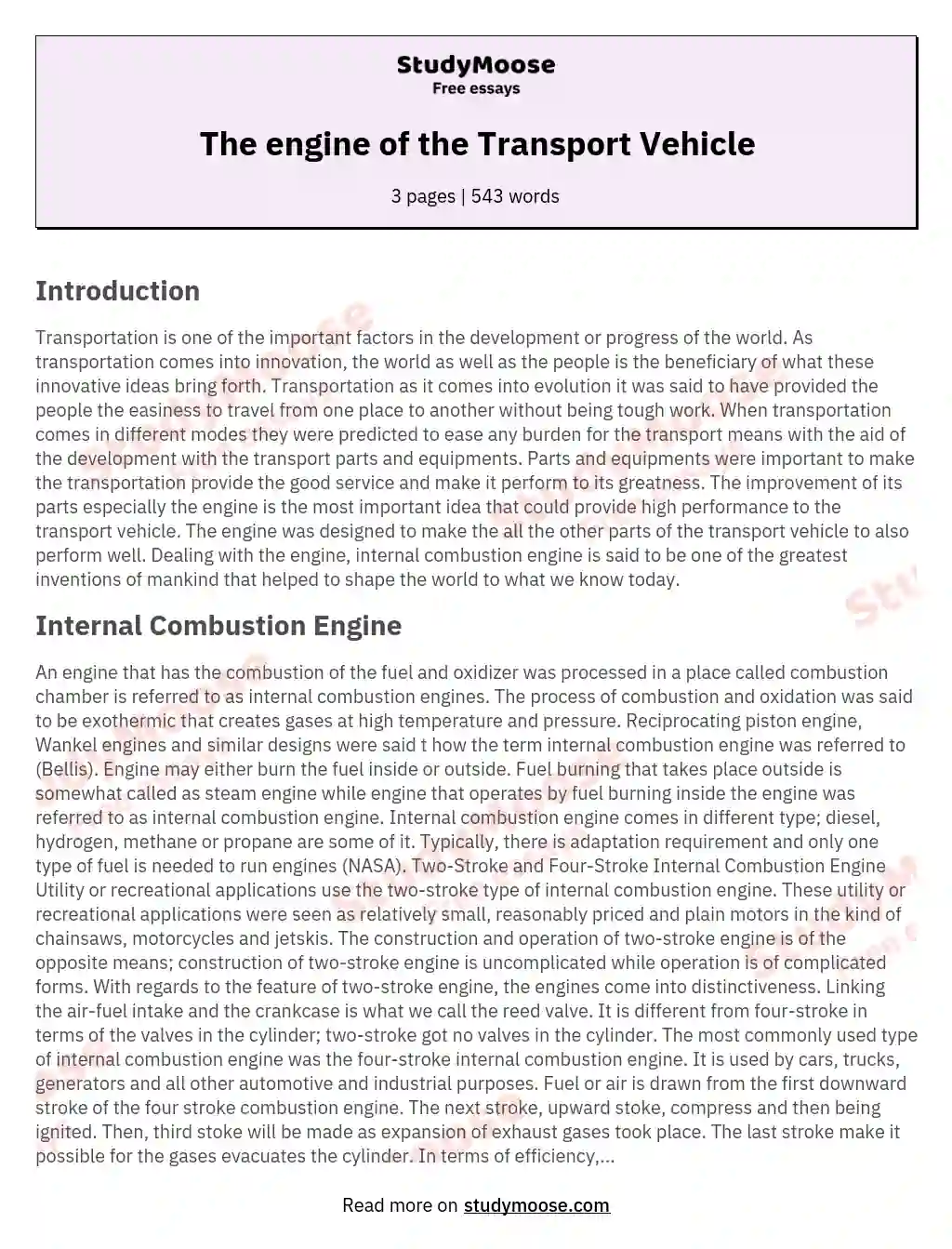 The engine of the Transport Vehicle essay