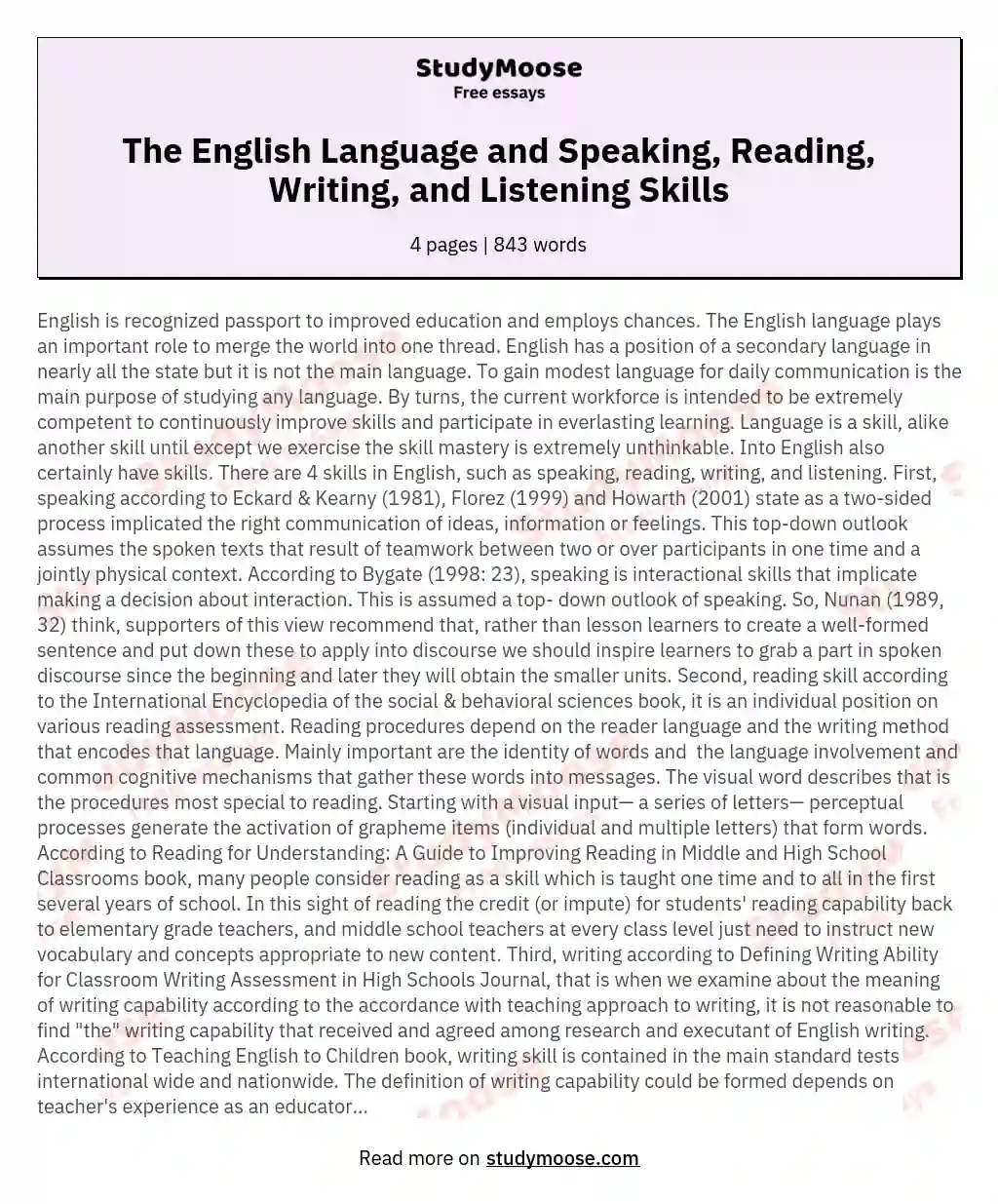 The English Language and Speaking, Reading, Writing, and Listening Skills essay