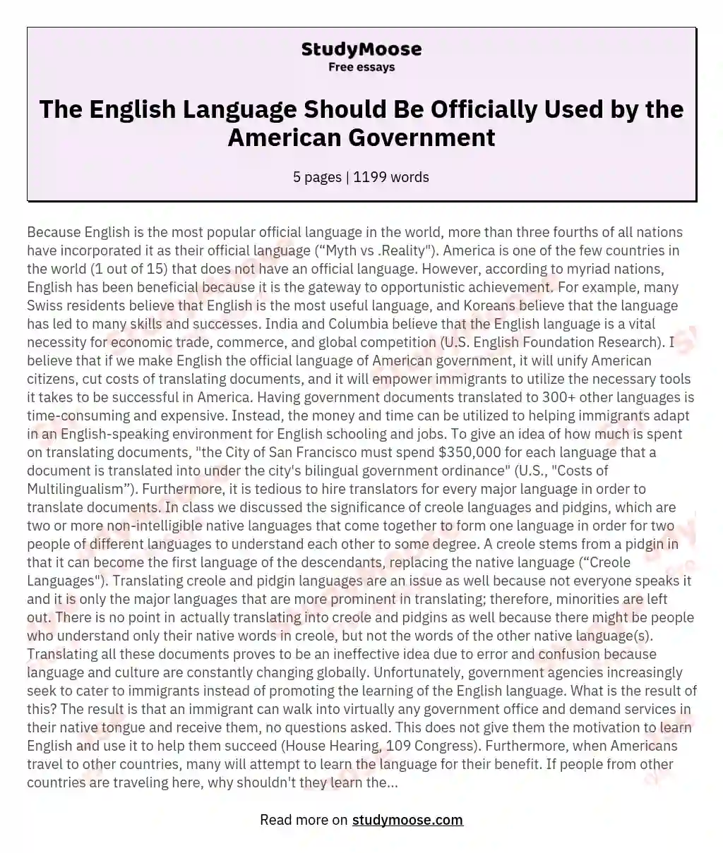 The English Language Should Be Officially Used by the American Government essay