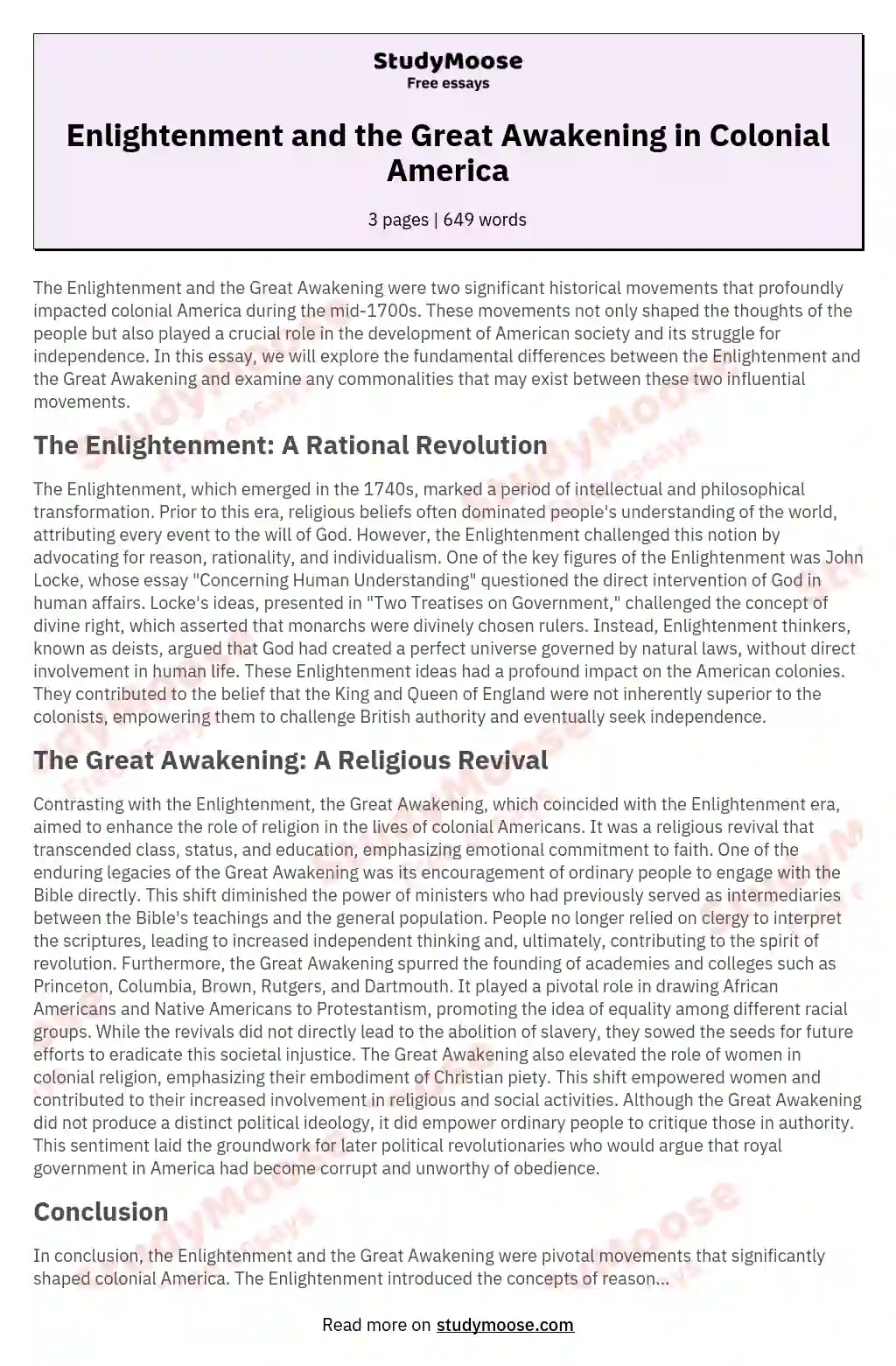 Enlightenment and the Great Awakening in Colonial America