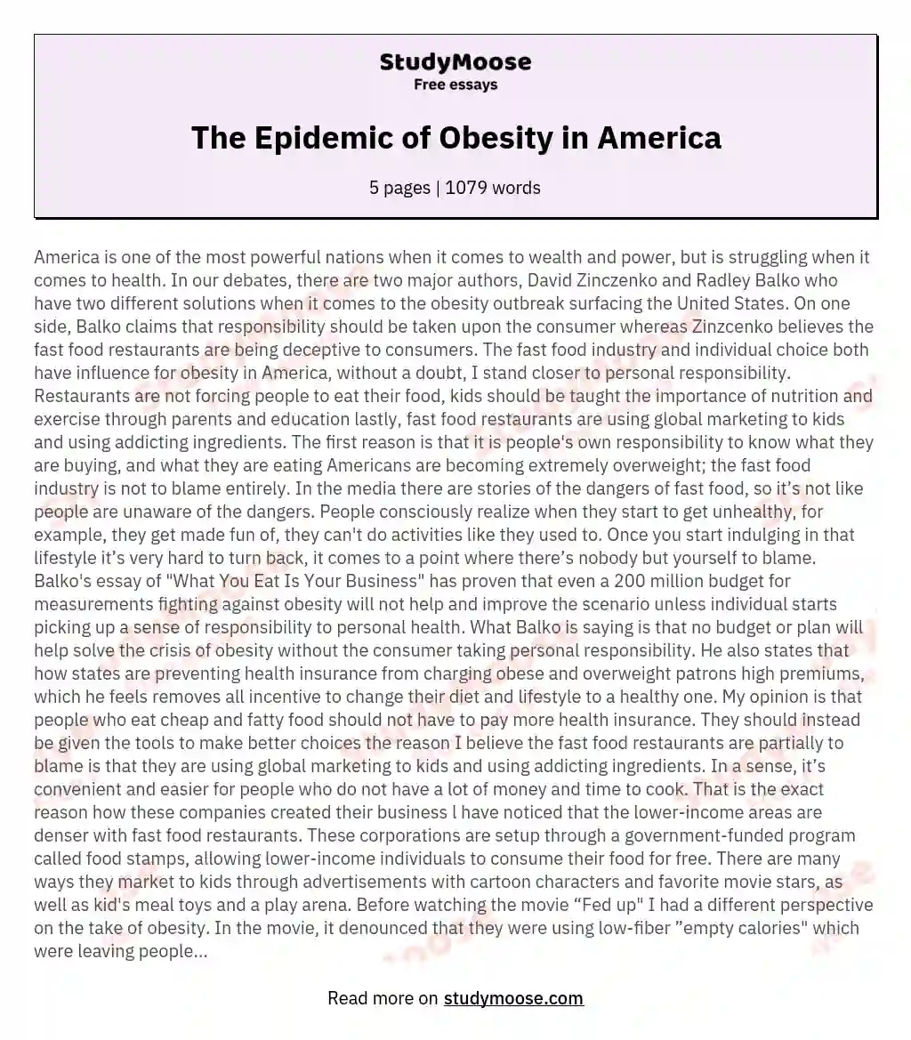 The Epidemic of Obesity in America essay
