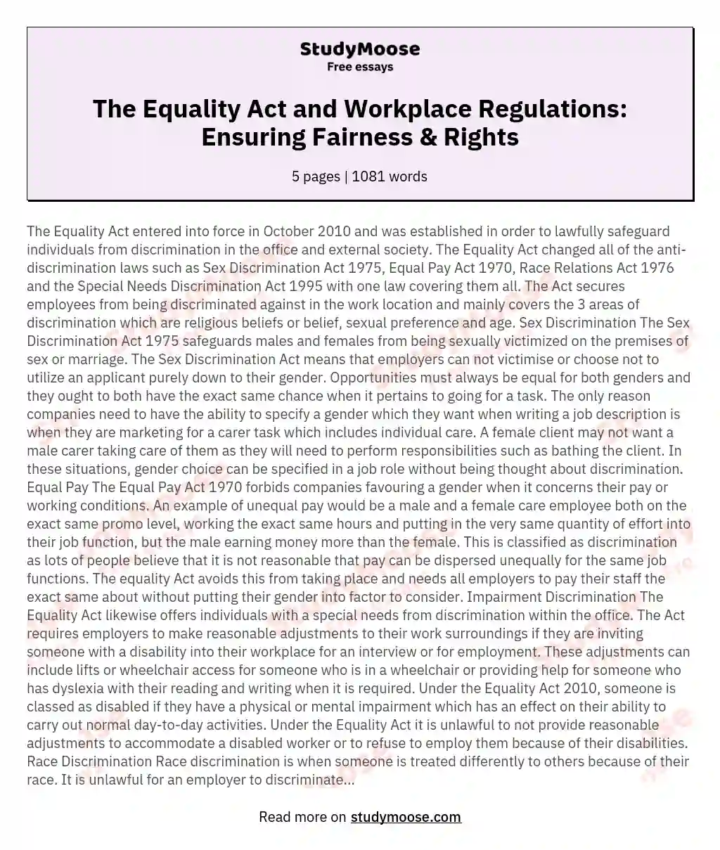 The Equality Act and Workplace Regulations: Ensuring Fairness & Rights essay