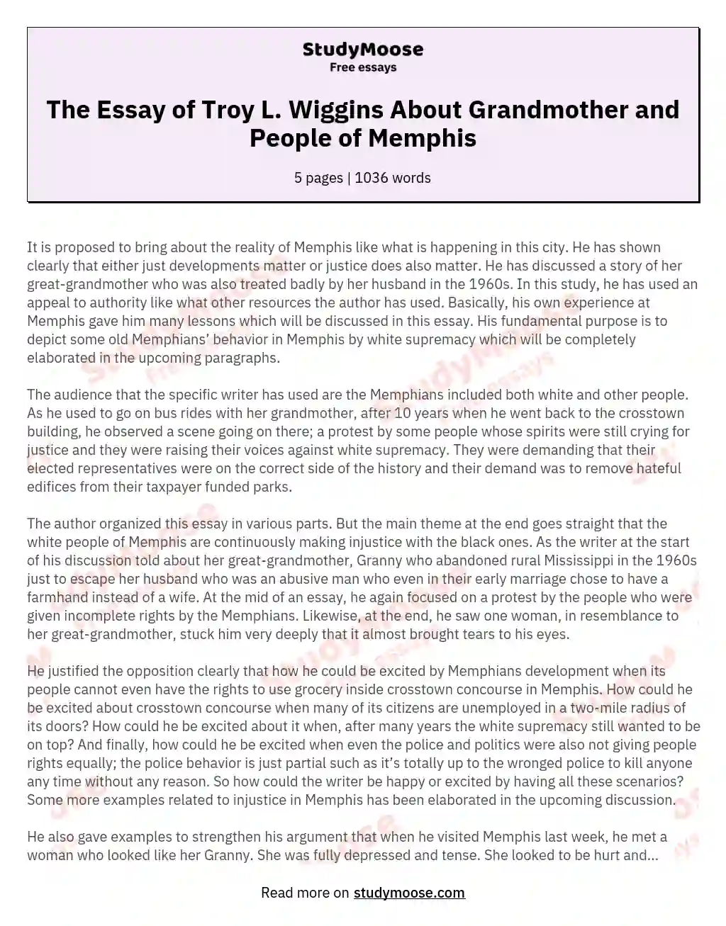 The Essay of Troy L. Wiggins About Grandmother and People of Memphis essay