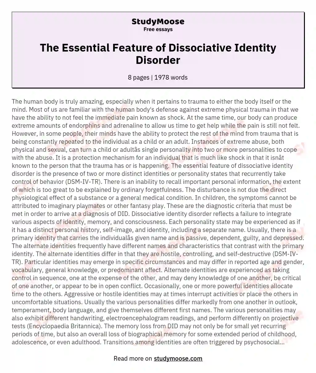 The Essential Feature of Dissociative Identity Disorder essay