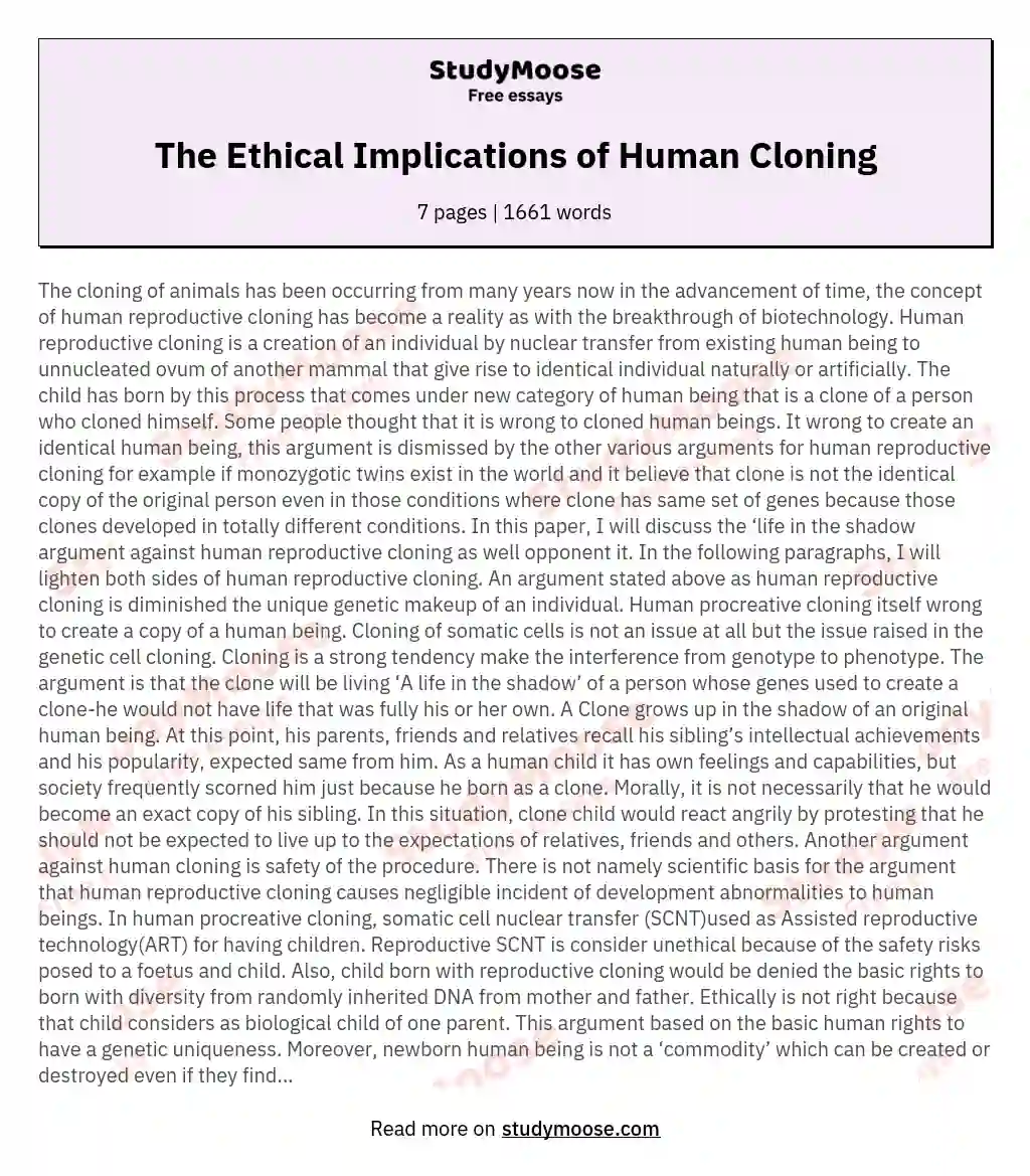 The Ethical Implications of Human Cloning essay