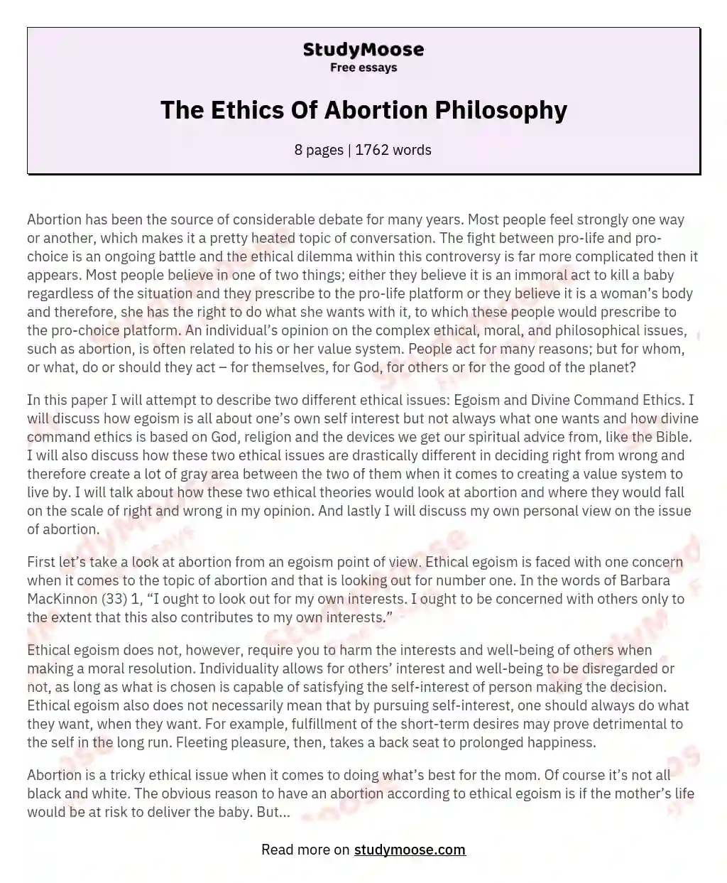 The Ethics Of Abortion Philosophy essay