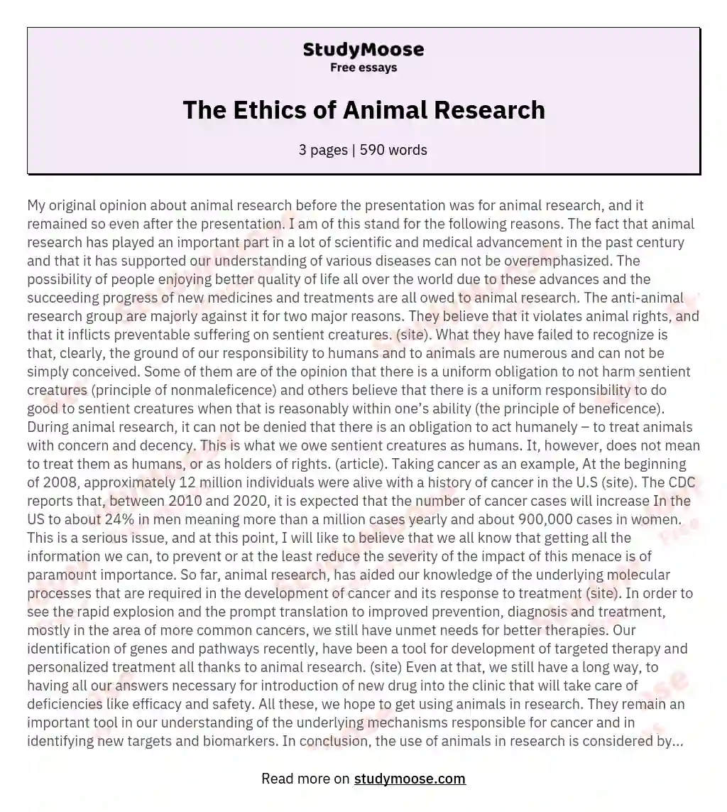 The Ethics of Animal Research Free Essay Example