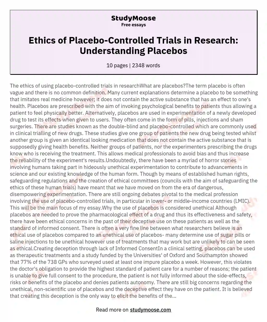 Ethics of Placebo-Controlled Trials in Research: Understanding Placebos essay