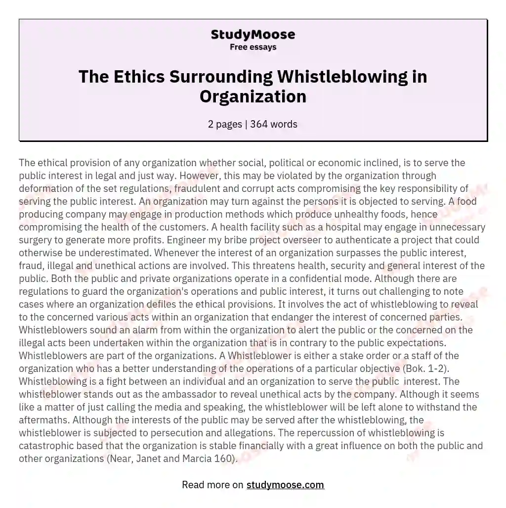 The Ethics Surrounding Whistleblowing in Organization essay