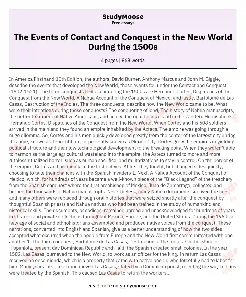 The Events of Contact and Conquest in the New World During the 1500s essay