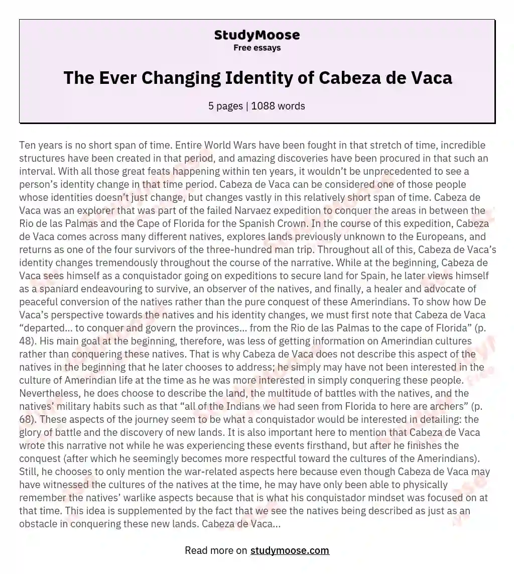 The Ever Changing Identity of Cabeza de Vaca essay