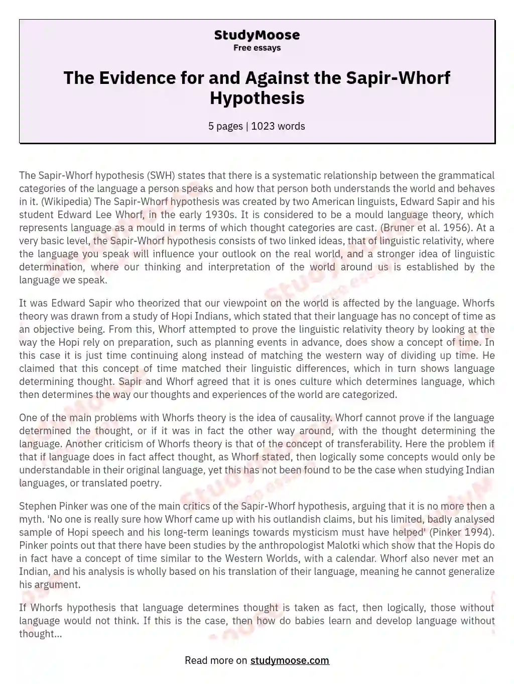 The Evidence for and Against the Sapir-Whorf Hypothesis essay