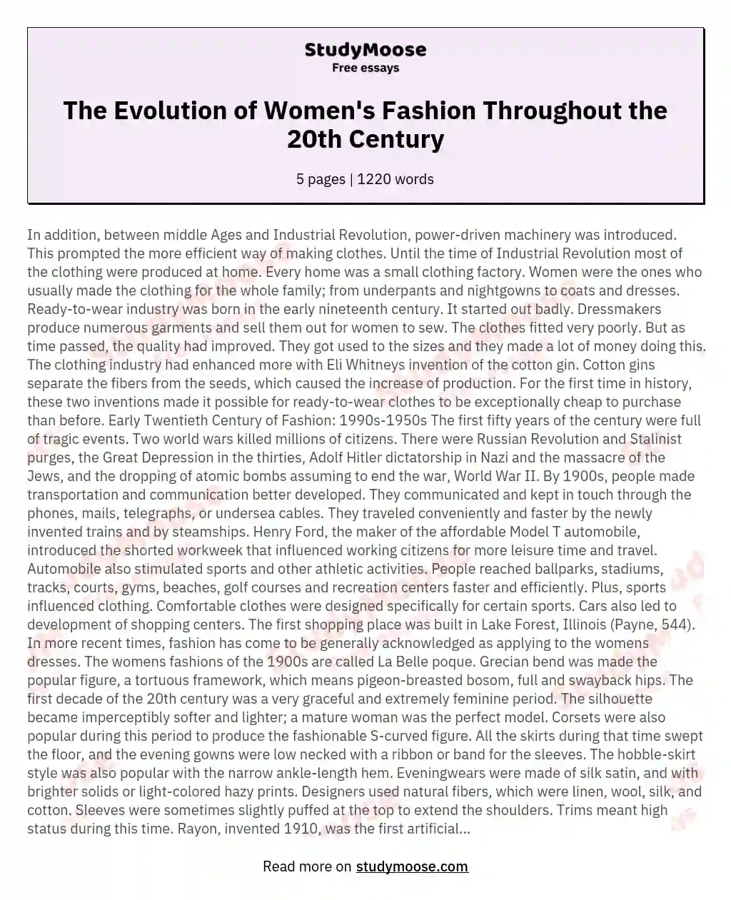 The Evolution of Women's Fashion Throughout the 20th Century essay