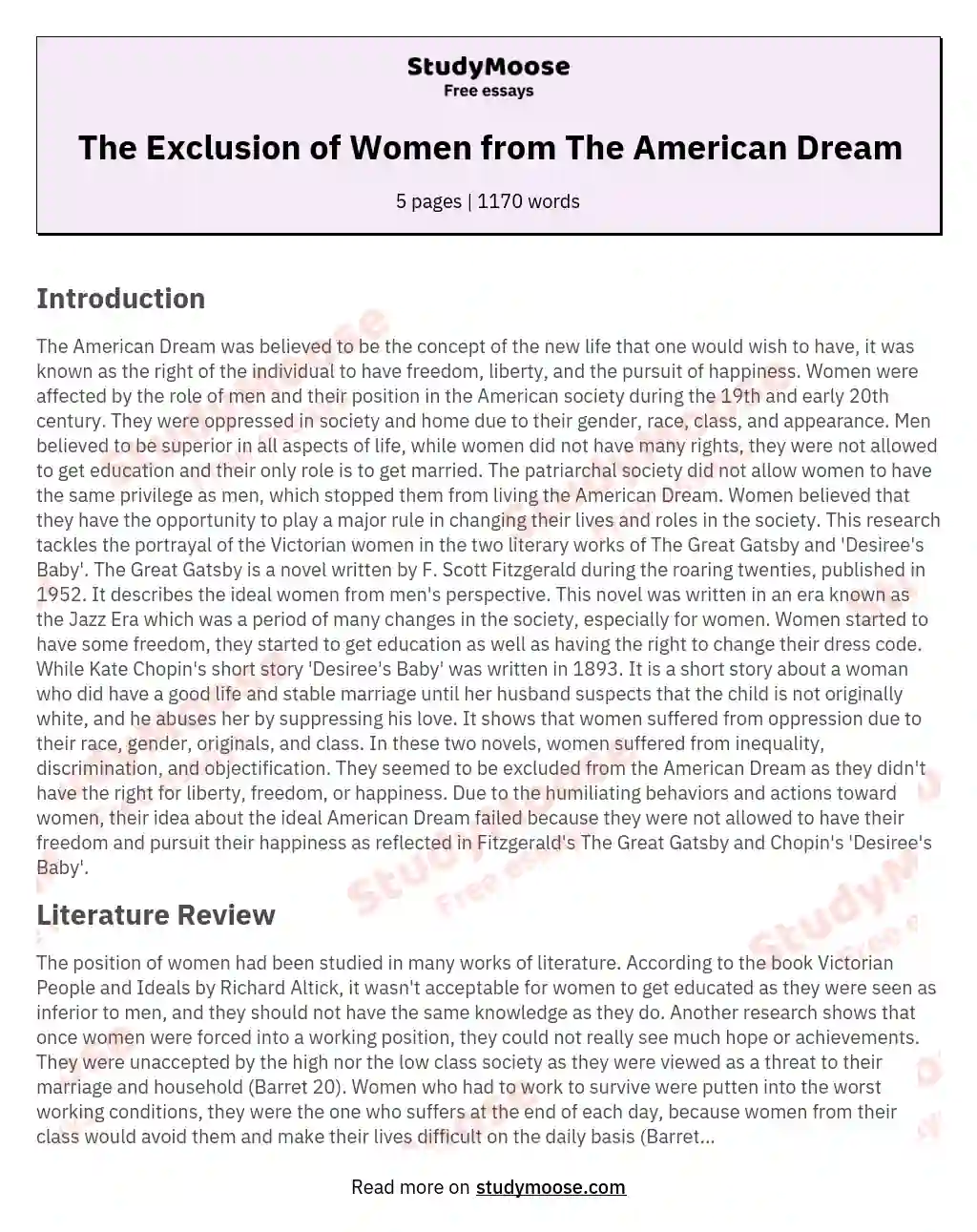 The Exclusion of Women from The American Dream essay