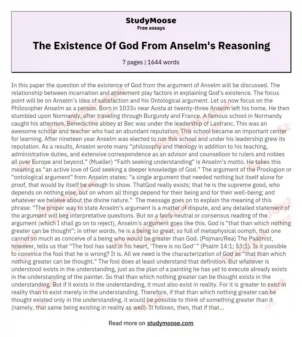 The Existence Of God From Anselm's Reasoning essay