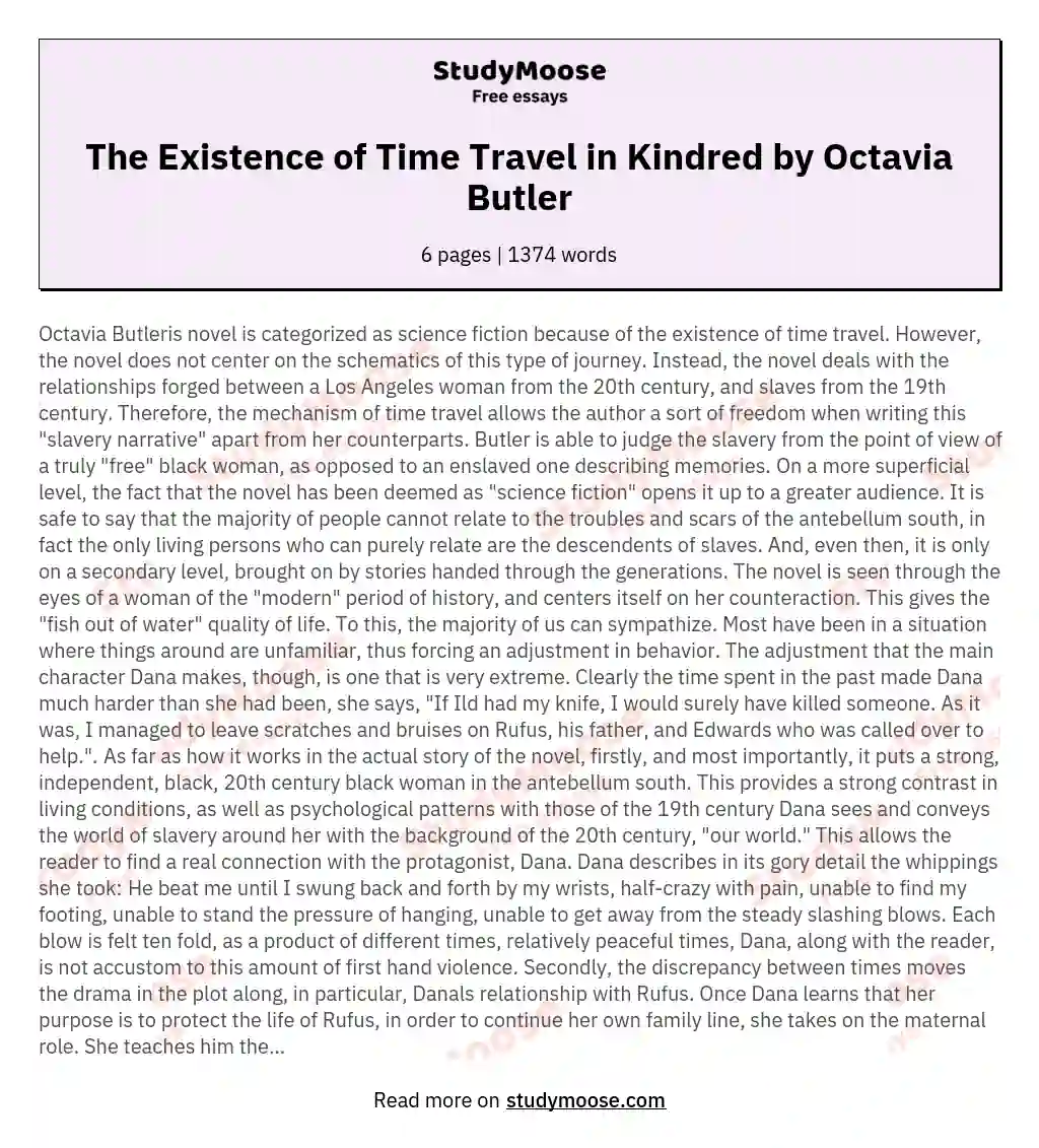 The Existence of Time Travel in Kindred by Octavia Butler essay