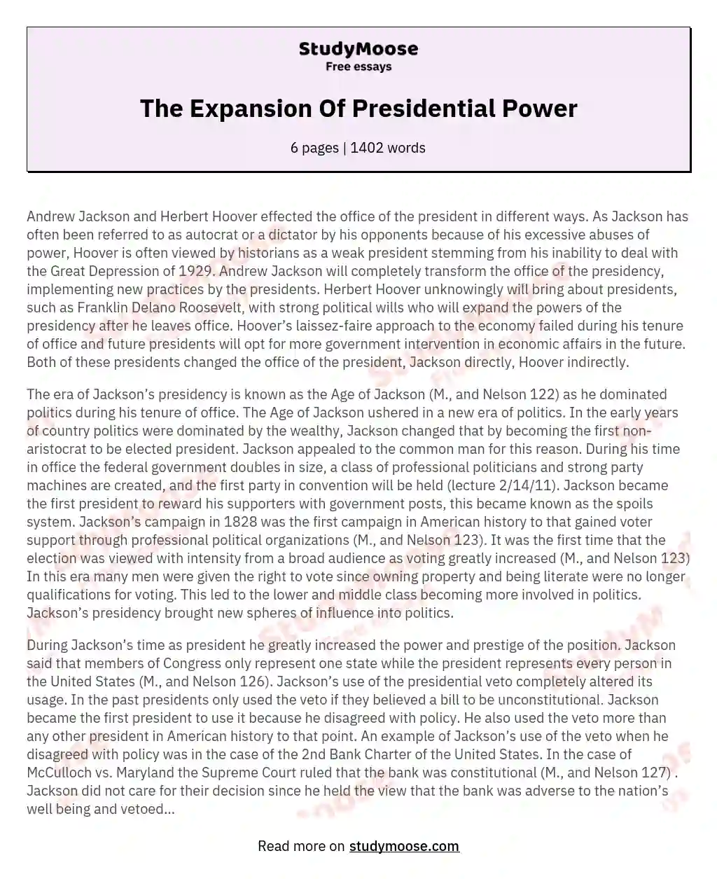 The Expansion Of Presidential Power essay