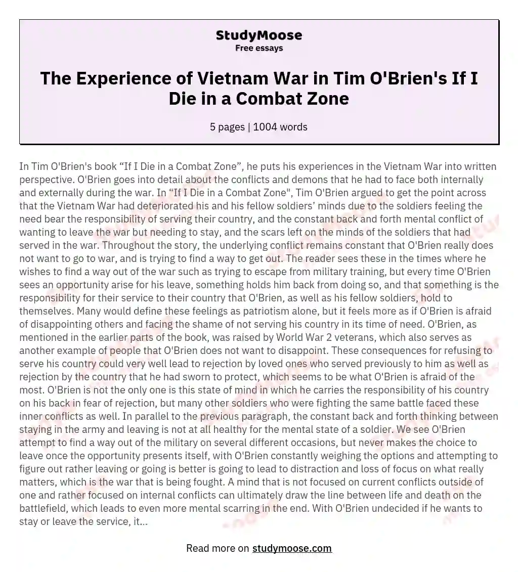 The Experience of Vietnam War in Tim O'Brien's If I Die in a Combat Zone essay