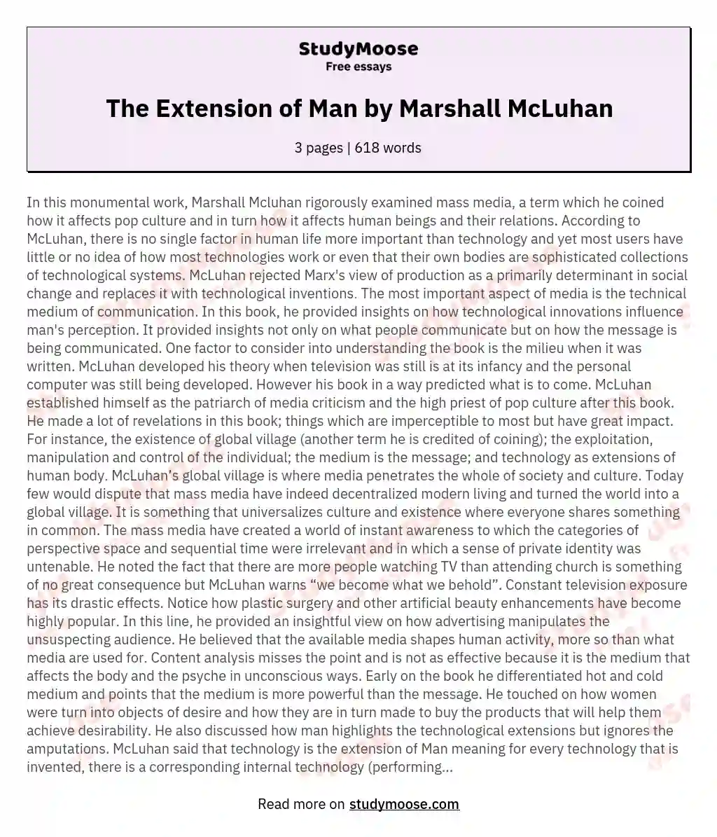The Extension of Man by Marshall McLuhan essay