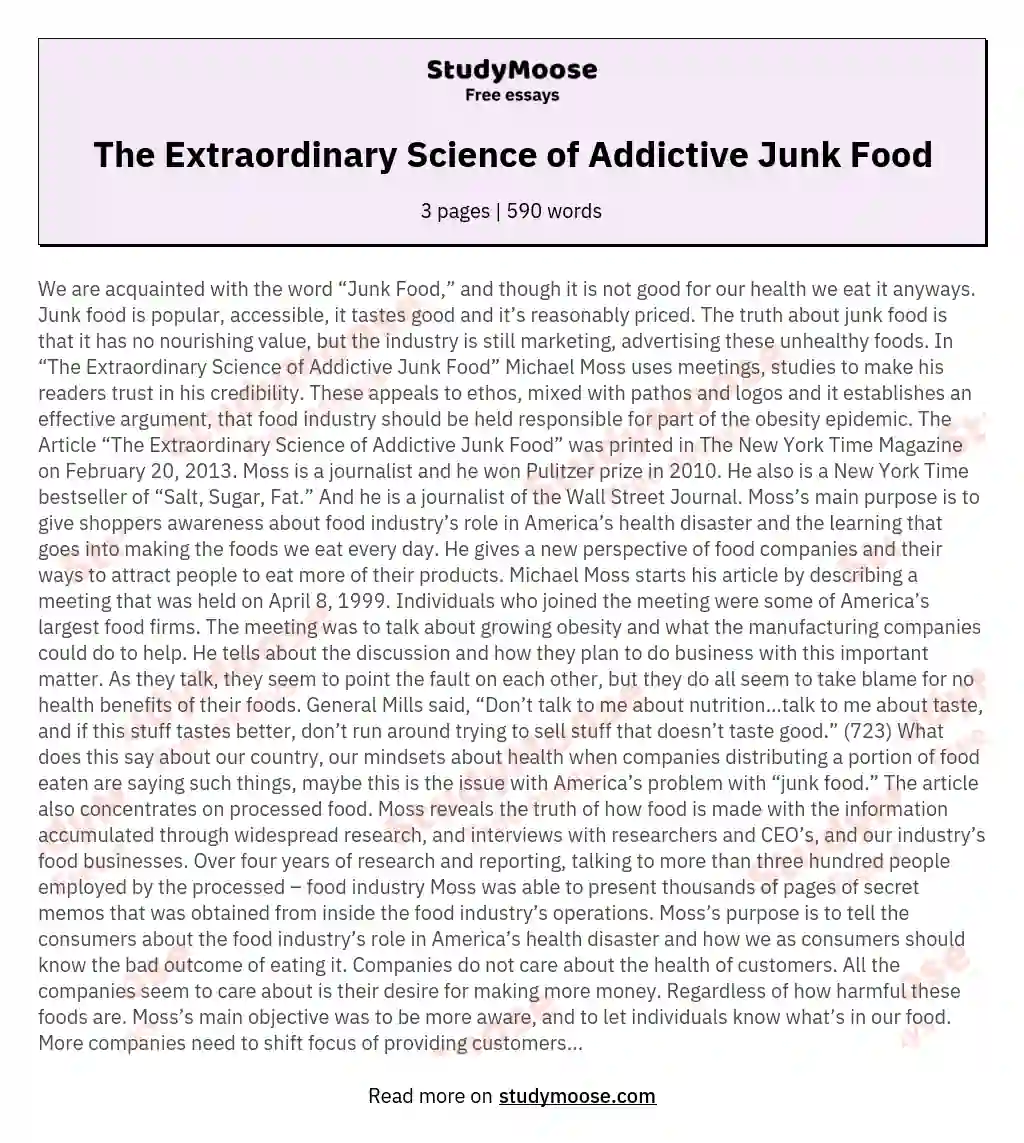 The Extraordinary Science of Addictive Junk Food essay