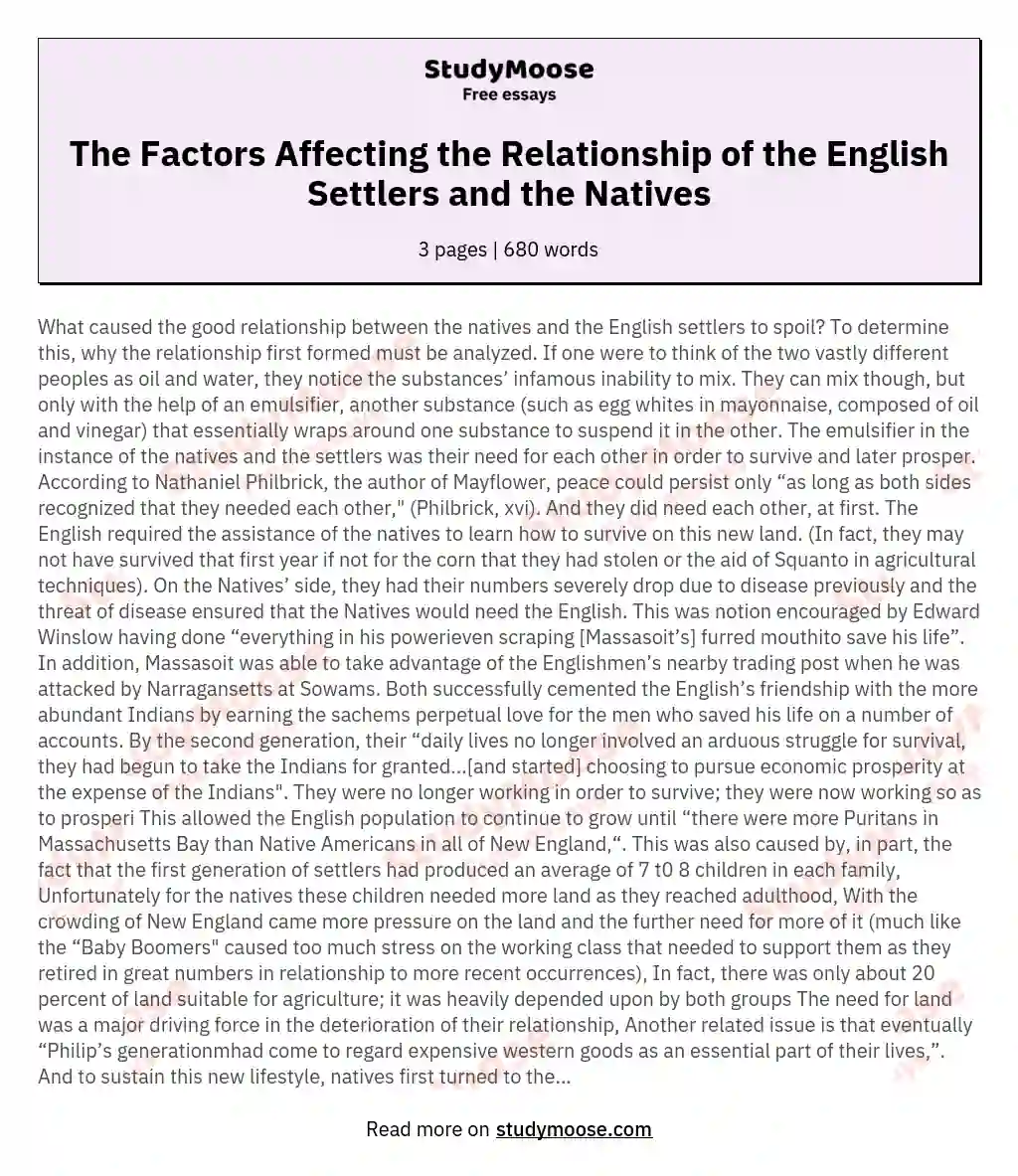 The Factors Affecting the Relationship of the English Settlers and the Natives essay