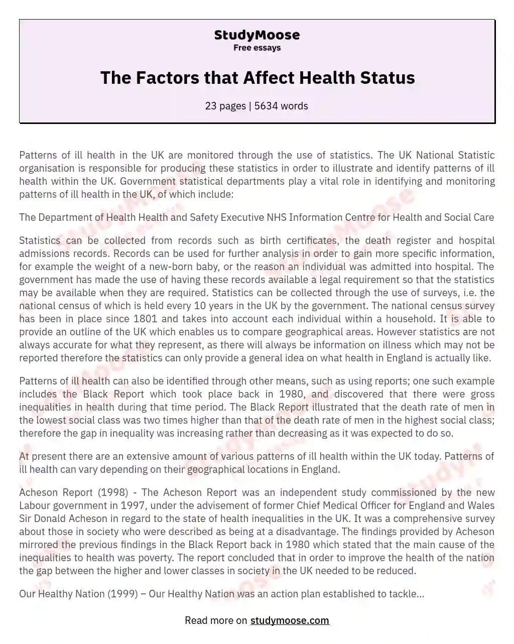 The Factors that Affect Health Status essay