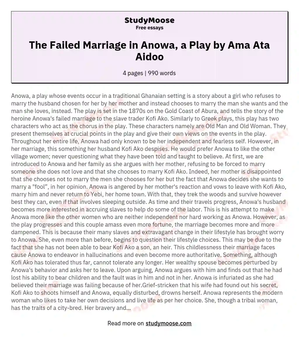 The Failed Marriage in Anowa, a Play by Ama Ata Aidoo essay