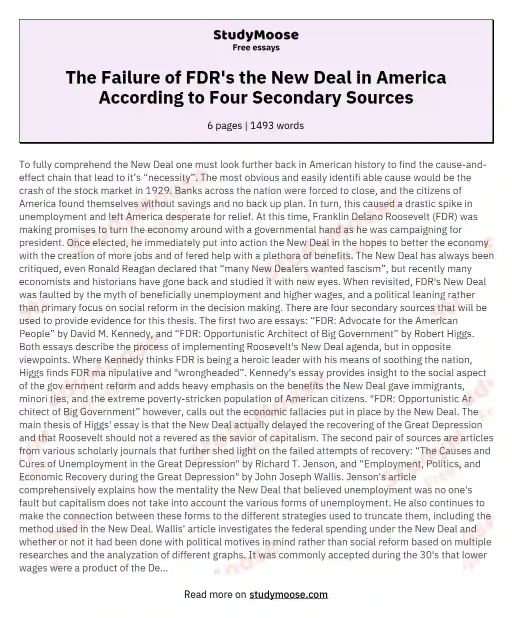 The Failure of FDR's the New Deal in America According to Four Secondary Sources essay