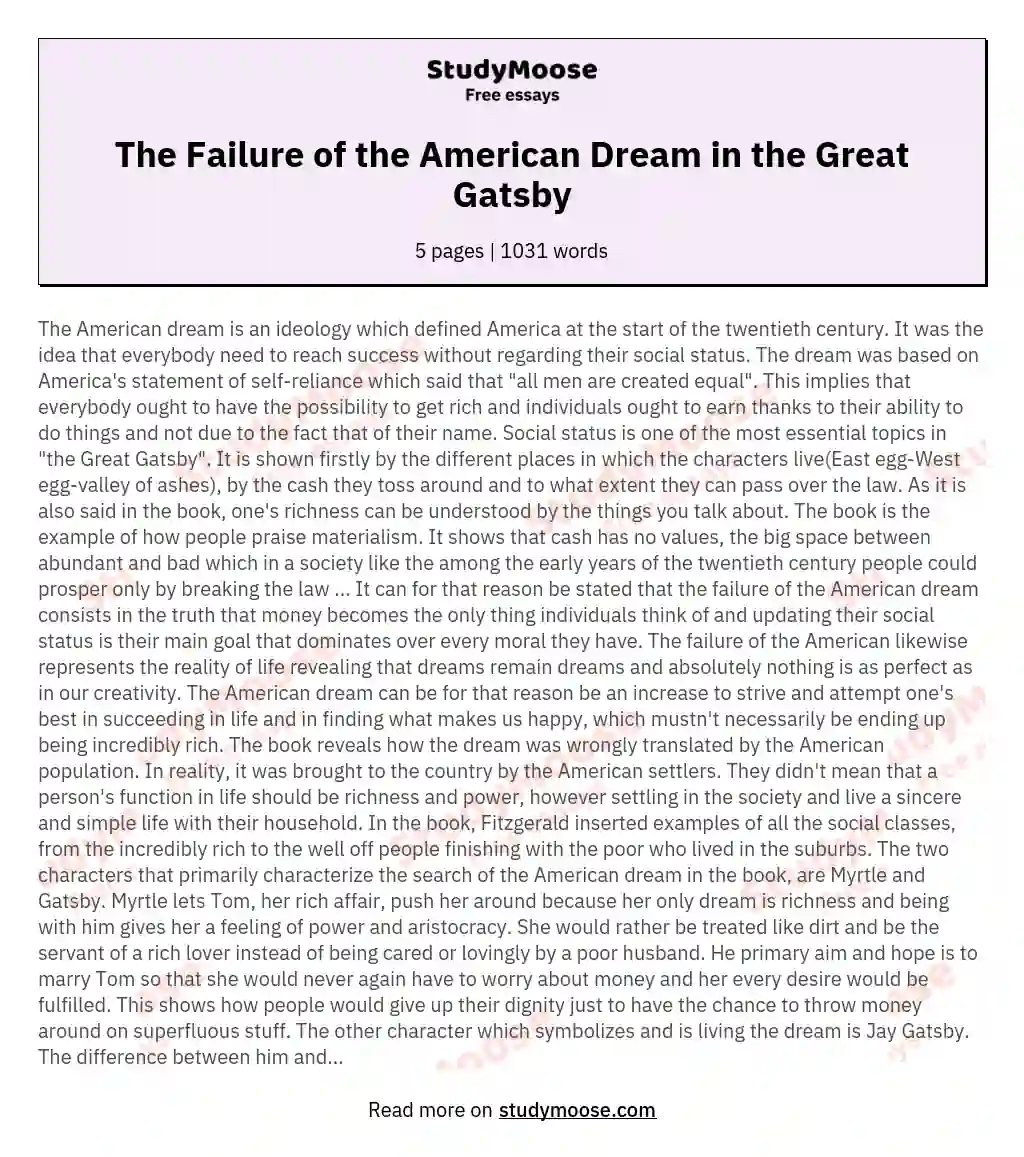 The Failure of the American Dream in the Great Gatsby essay