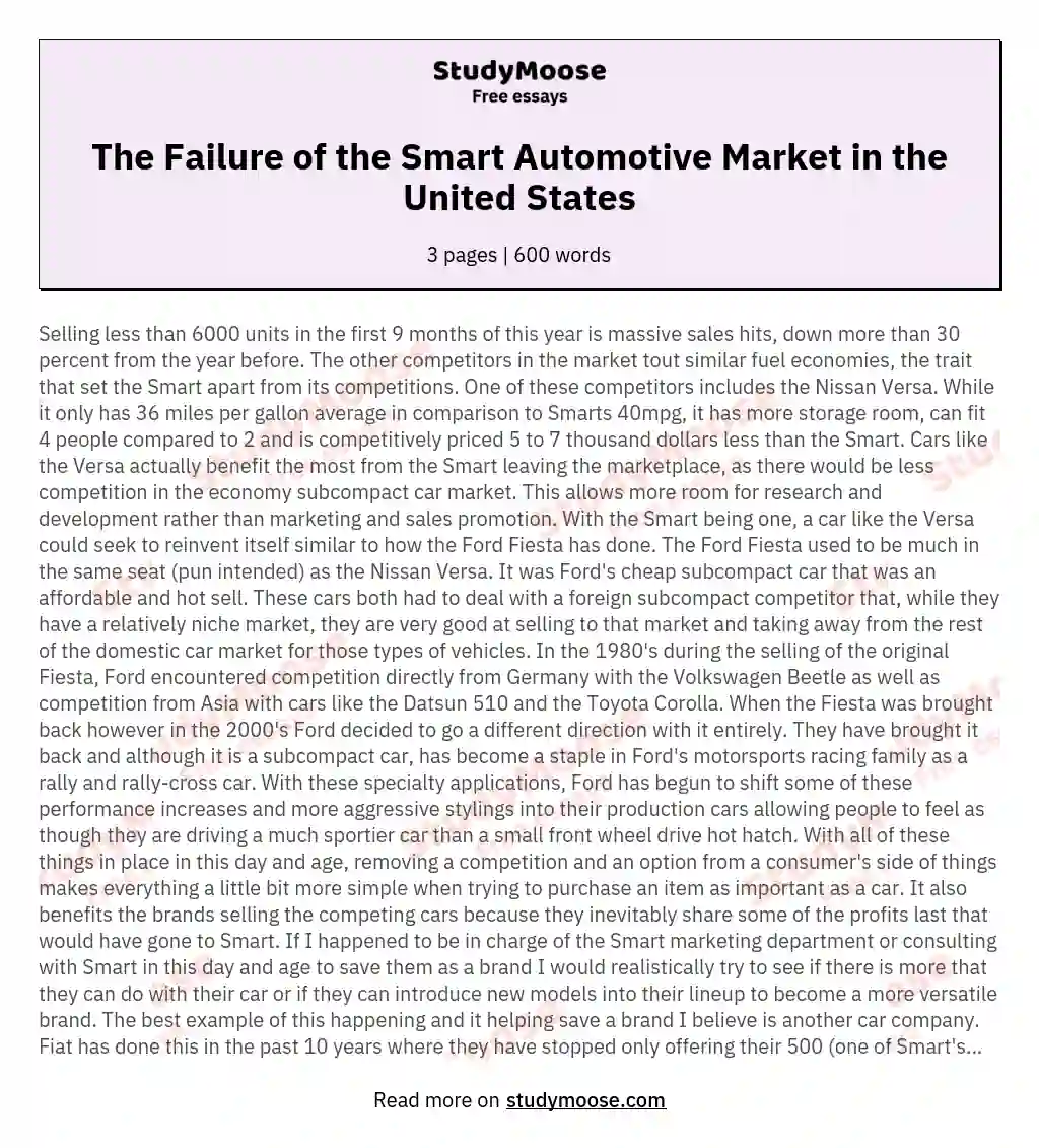 The Failure of the Smart Automotive Market in the United States essay