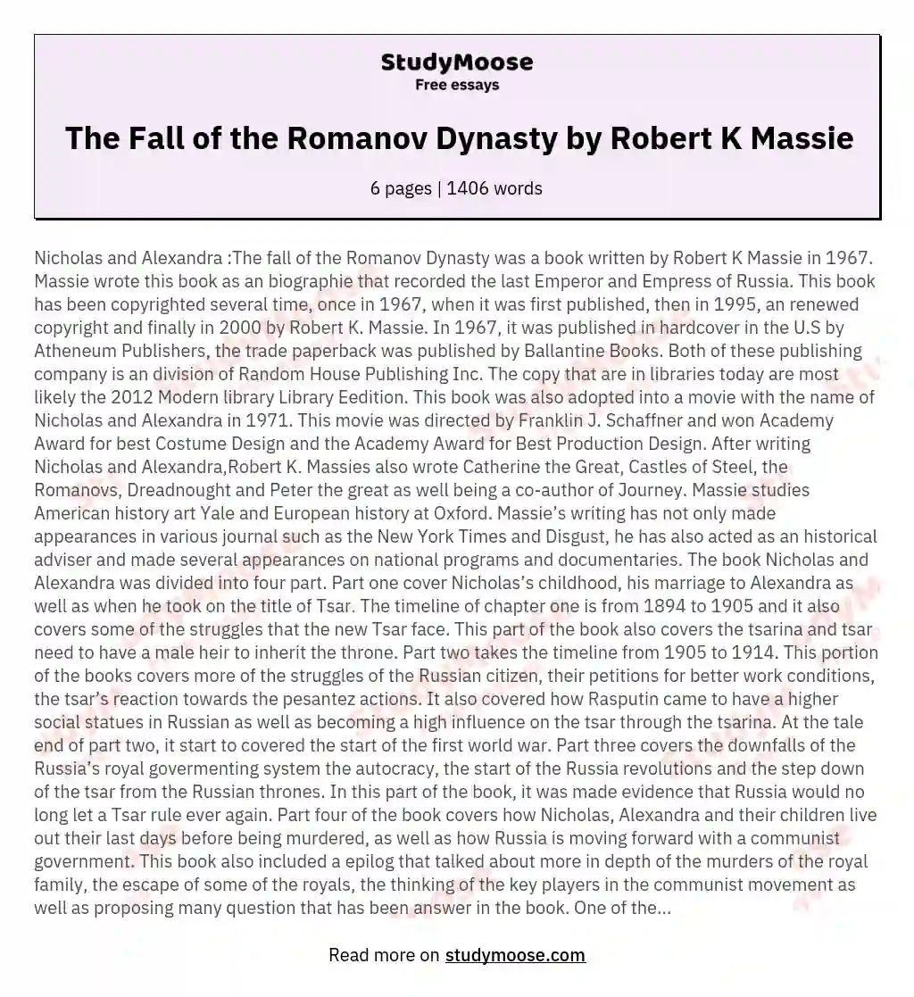The Fall of the Romanov Dynasty by Robert K Massie essay