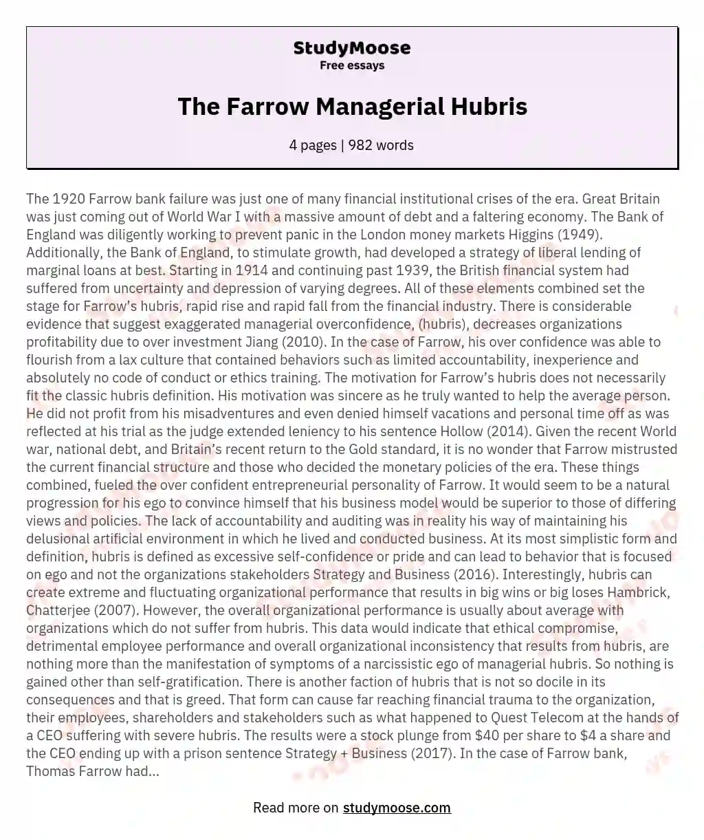 The Farrow Managerial Hubris essay