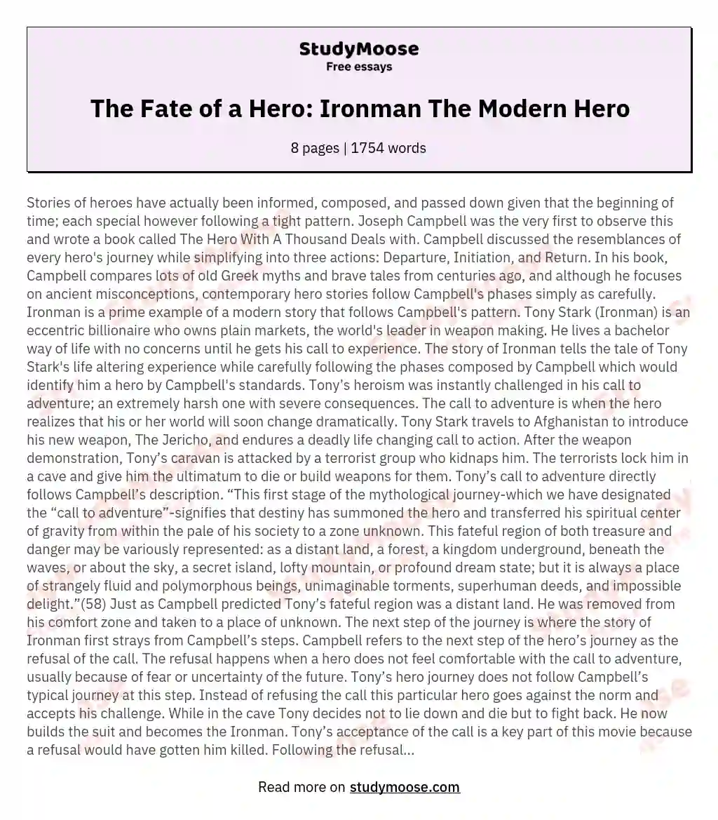 The Fate of a Hero: Ironman The Modern Hero essay