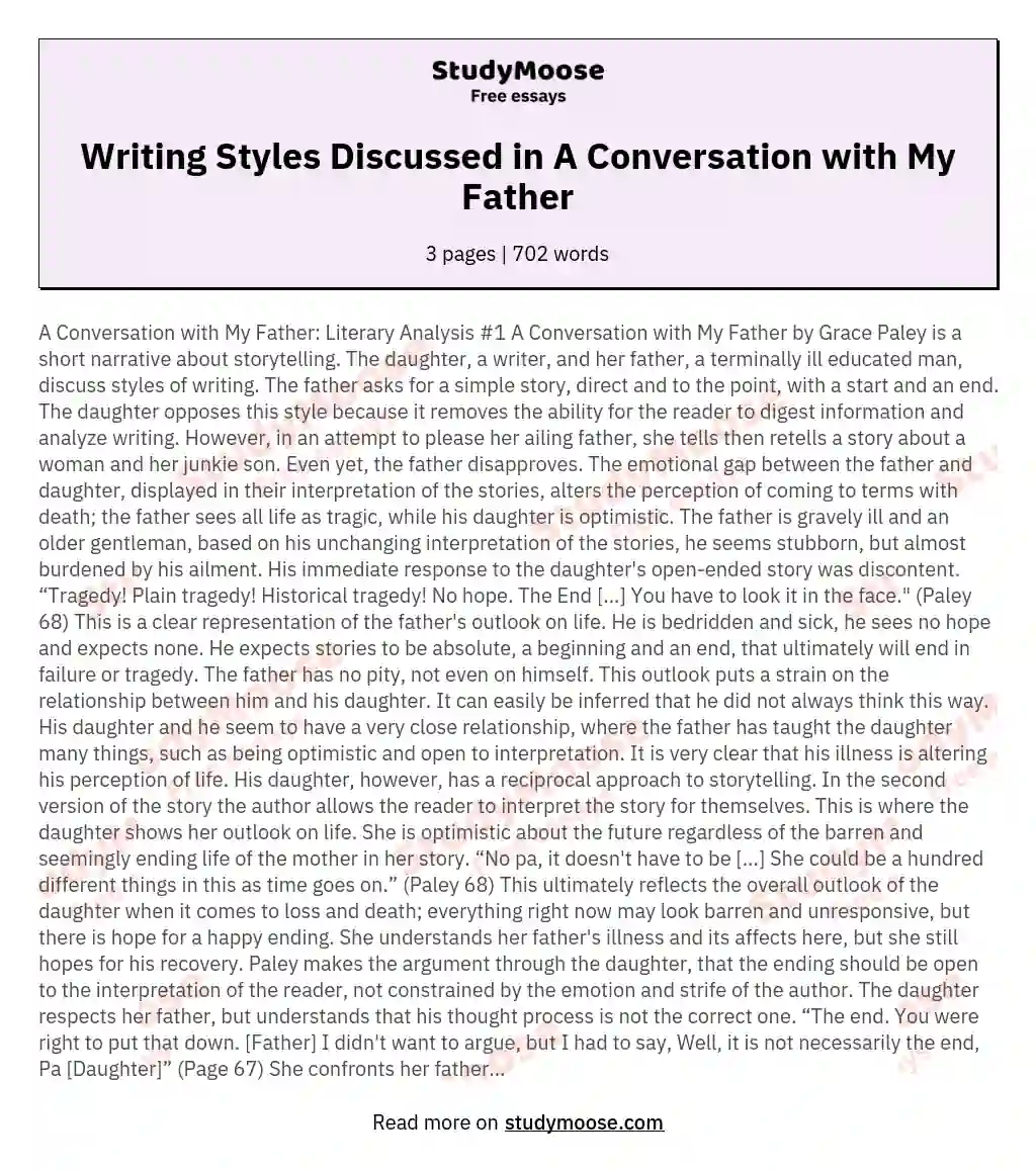 Writing Styles Discussed in A Conversation with My Father essay