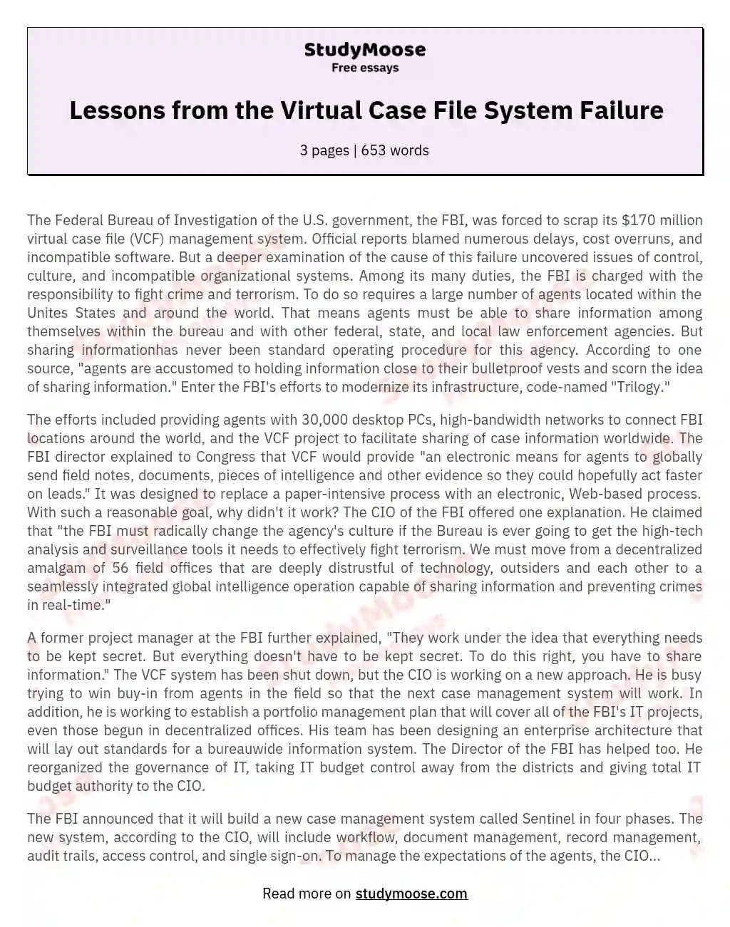 Lessons from the Virtual Case File System Failure essay