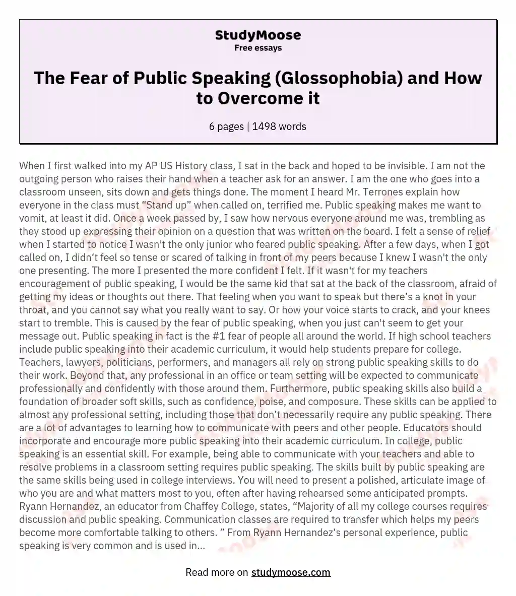 The Fear of Public Speaking (Glossophobia) and How to Overcome it essay