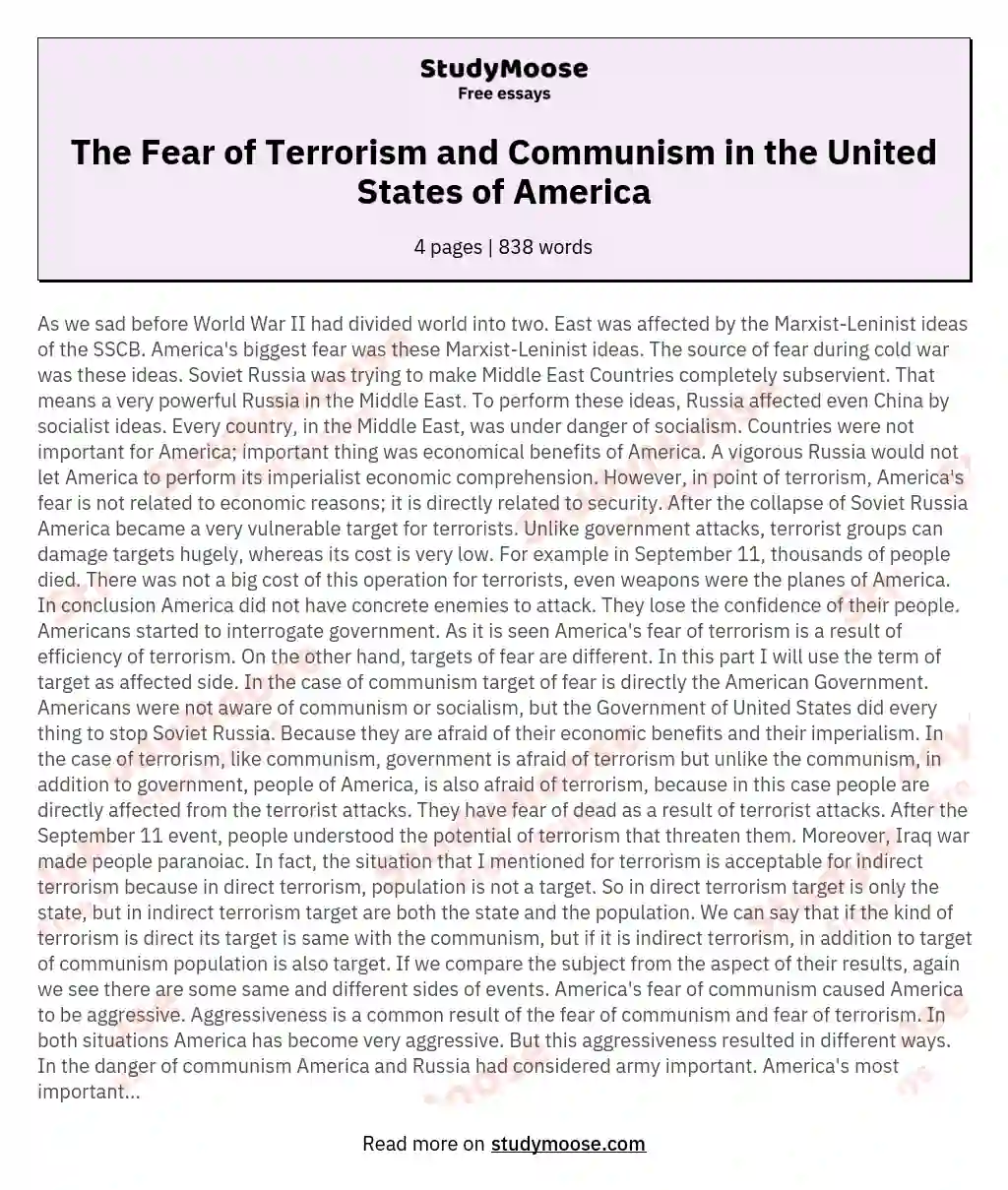The Fear of Terrorism and Communism in the United States of America essay